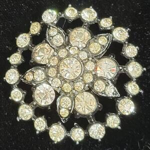Vintage Brooch Round Starburst Snowflake White Clear Rhinestones Black Back